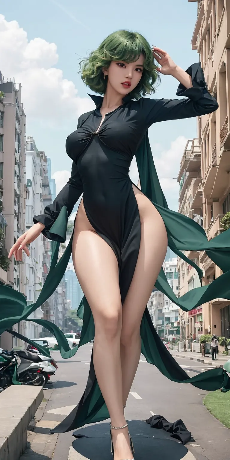 a woman in a black suit and green hair walking down a street, ross tran style, ross tran 8 k, wlop and krenz cushart, lois van rossdraws, style artgerm, by Ross Tran, ross tran. scenic background, krenz cushart and artgerm, by Yanjun Cheng, inspired by Ross Tran, wlop art