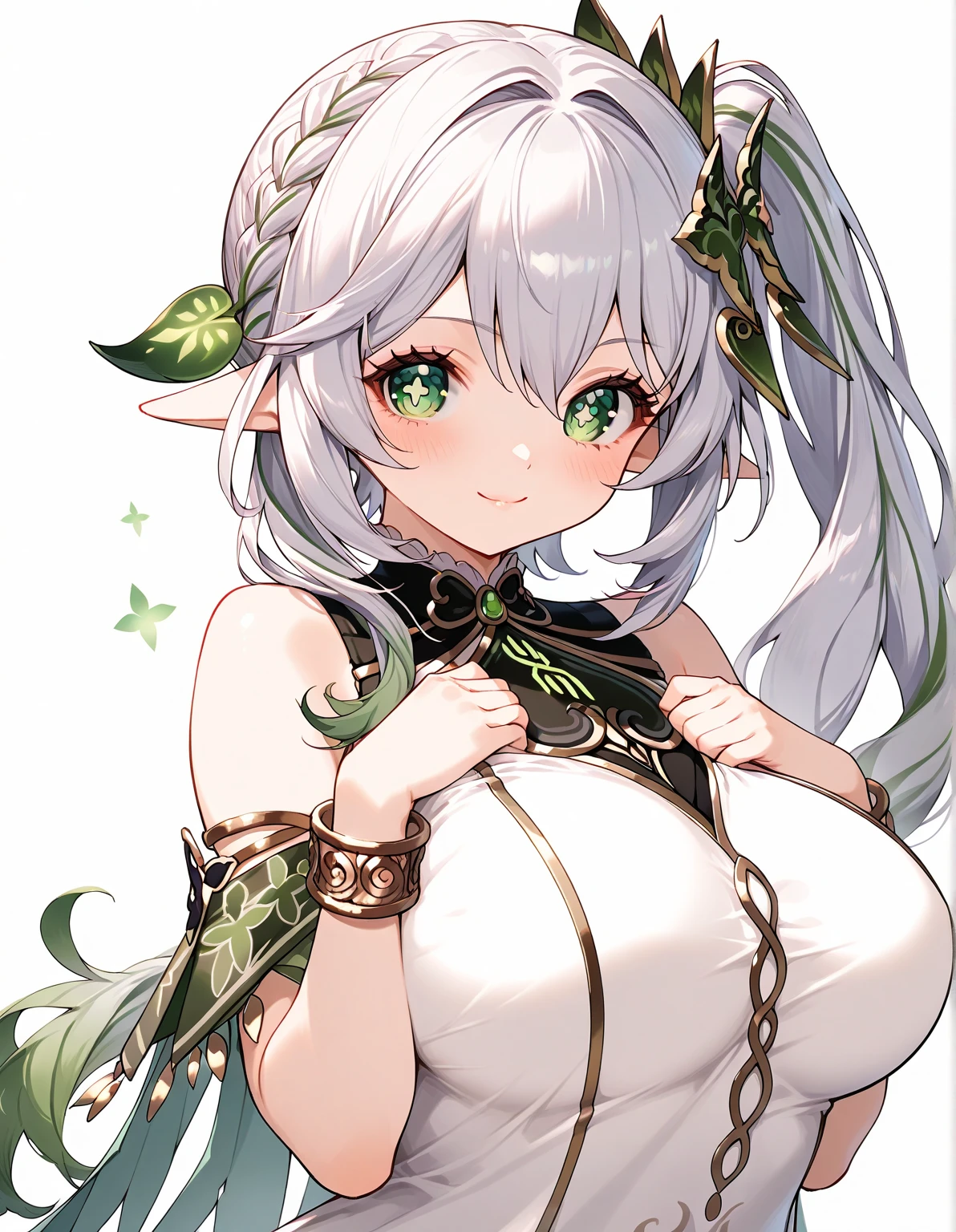 1mature elves girl, silver long hair, green eyes, white sage robe, she have white flower in her head and medium boobs, lay on bed blushes and looks so sexy, tall girl, milf, 40 years old, lady