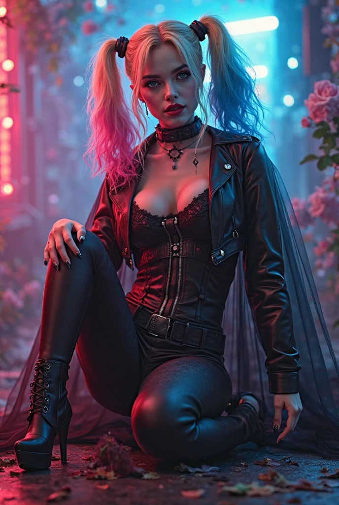 dark fantasy art, comic art, gothic art, (masterpiece:1.5), full body best details, highly detailed, best quality, highres, full body portrait of a female vampire (Masterpiece, best quality: 1.6), ultra feminine, with a long curvy hair, blond hair, (red:1.3) eyes, glowing eyes ((beautiful delicate face)), Ultra Detailed Face (wearing elegant glamour open black leather jacket: 1.5) , (flowing black leather jacket: 1.5), wearing an intricate (purple suit: 1.2) (intricate details, Masterpiece, best quality: 1.3), high heeled boots, urban background (intense details, beat details), fantasy, at night light, natural ,moon light, clouds, gothic atmosphere, soft light, ((anatomically correct: 1.3)), high details, best quality, 16k, [ultra detailed], masterpiece, best quality, (extremely detailed), dynamic angle, drkfntasy, evening dress, Intense gaze