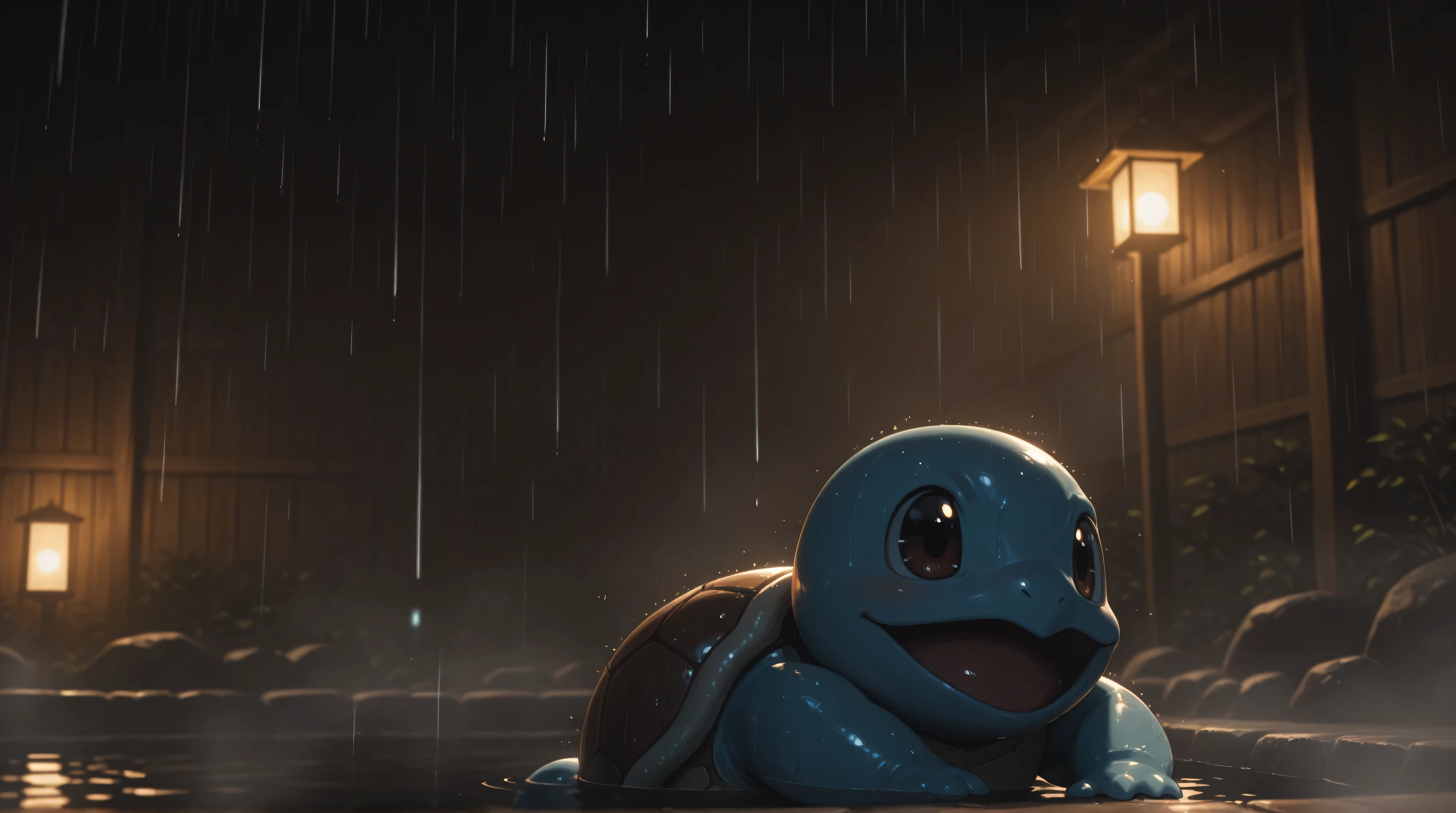 extremely sharp focus, crisp details, high resolution, low light, cinematic lighting, 4K, 8K. multiple, 3 squirtle enjoying hot spring, rain. the background has highest detail, detailed background and depth of field.