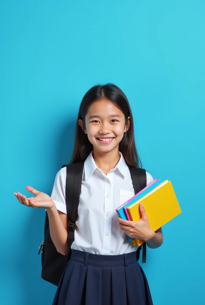 Smiling student girl wearing school backpack and holding exercise book. Portrait of happy asian young girl outside the primary school. Closeup face of smiling hispanic schoolgirl looking at camera. --auto --s2