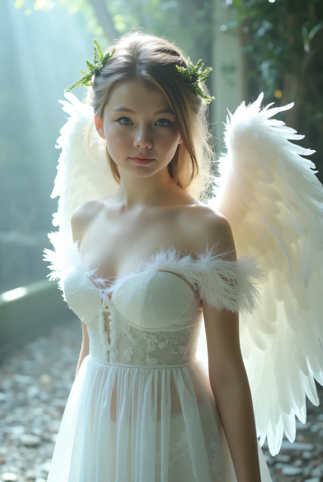 Angel, white feather wings, small breasts, adorable, beautiful, 16k uhd digital photograph, ethereal, silvery white glow, aura