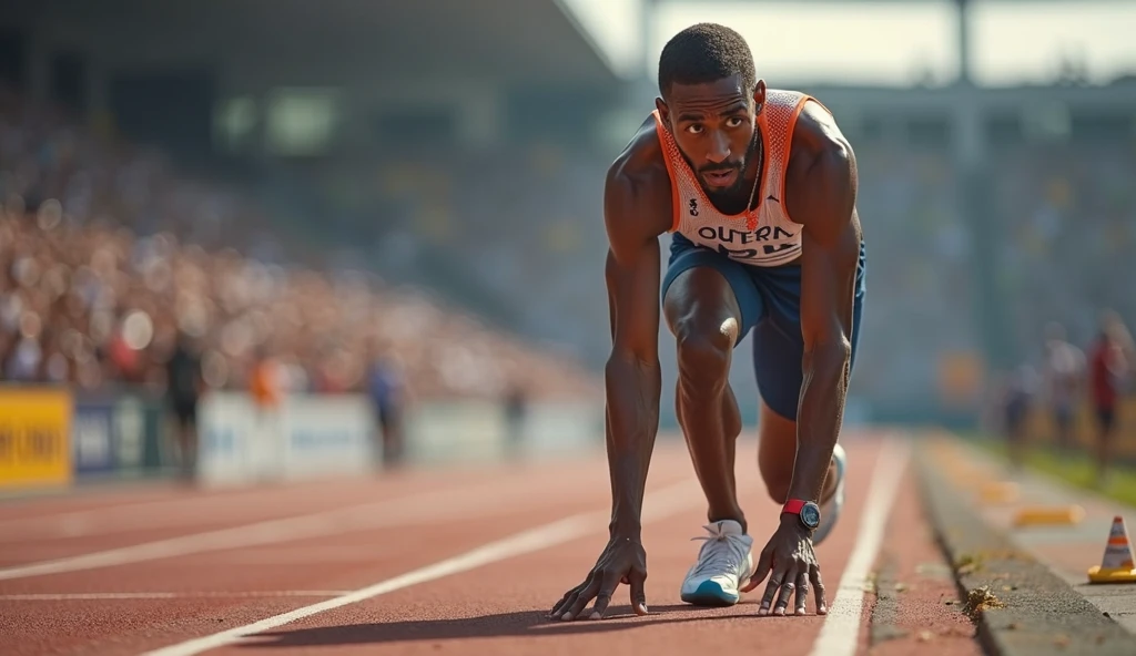 Je veux que tu me crées un outfit pour un club d'athlétisme. Tu me le représente avec un homme qui court sur une piste d'athlétisme. Le haut et le bas doit être bleu, c'est un cycliste pour le bas, et en haut un bermuda. L'homme qui court est un sprinter. Puis, il doit y avoir un très beau logo tout le long du t-shirt, avec en haut à gauche le logo Citizen Club de Basseterre, comme Guadeloupe. Je présise loutfit dois être beau et imposant je veut que tu rajoute un sleeve de compression qui vas avec loutfit
