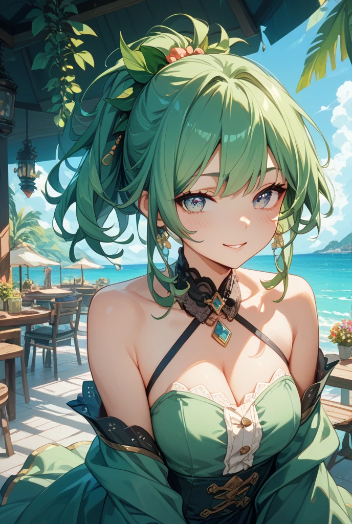  beautiful girl, long pale green hair, beautiful face,smiling,close up to hips, beautiful breast, in the middle of beautiful lake, (open mouth:0.4),illustration,detailed textures(realists),ultra-detailed,portrait style,vivid colors,soft lighting, blushing, mature, hair fluttering, cool moonlight light, ((half body)), wearing intricate clothes, perky. ((side profile until hips)), hair accessories, cleavages