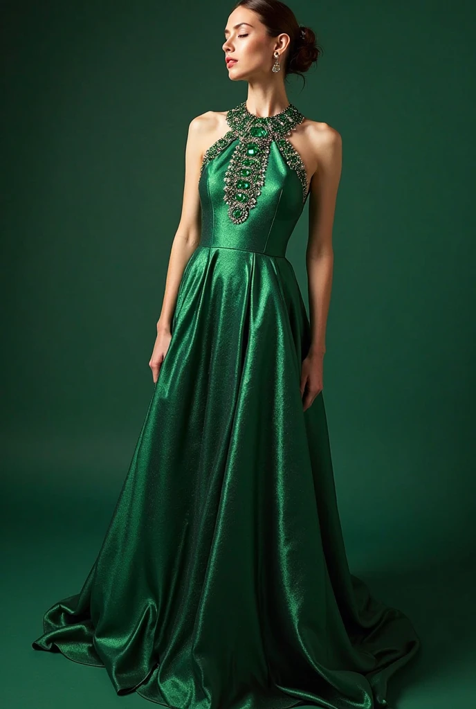 You can make an emerald green dress that is shiny and has long sleeves and a slit in the leg that has dropped sleeves.