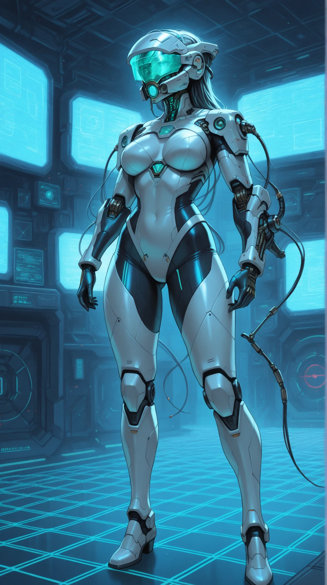 8k ((full body view))((view from below:1.4)) (large eyes:1.3), defined cheekbones, looking back, ((the pit style:1.4))((sleek chrome bodysuit:1.6)) ((intricate metal details:1.4))detailed face:1.5), lightblue skin,(puffy lips:1.5) (lightblue skin:1.6), (bald woman:1.7), (skinhead) ((sexy pose)),(Muscular:1.3), ((gigantic breasts:1.5)), )highly detailed, majestic, digital photography, art by artgerm and ruan jia and greg rutkowski, ((metal shoulder pads:1.2)), (masterpiece), sidelighting, intricate details, black and blue color palette
