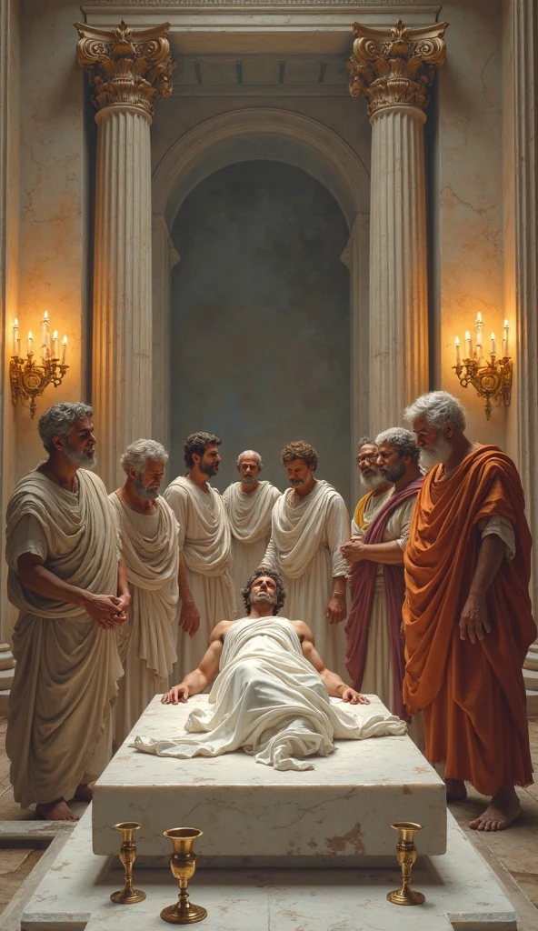 create a painting about the death of Socrates. the disciples next to the dead body. black roses. and the eagle of zeus