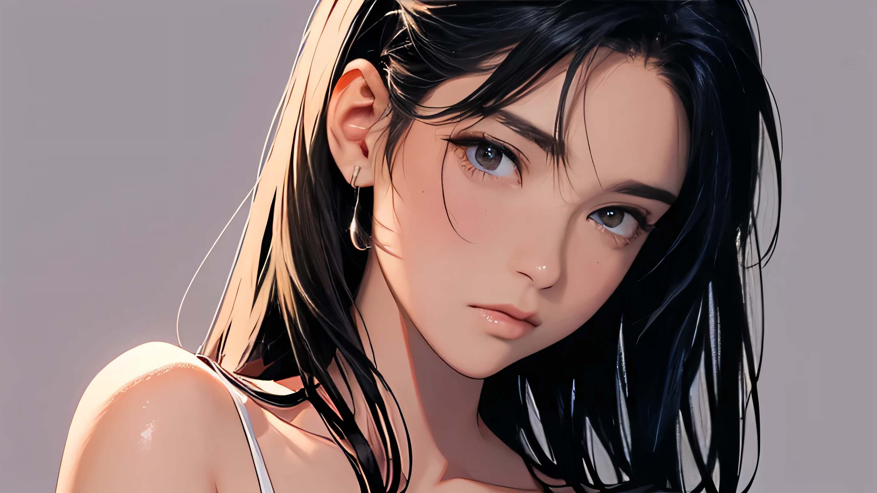 1girl, solo, long hair, black hair, written clothes, brown eyes, looking at the viewer, beanie, lips, upper body, closed mouth, shirt, earrings, https://i.postimg.cc/tCDfNDvp/Screenshot-20230606-212445.png