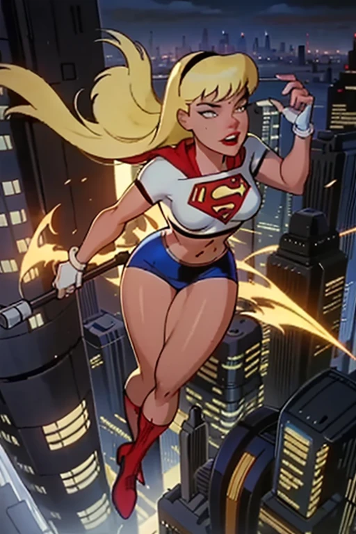 a digital painting of cosmic supergirl with long hair, cyberpunk art by Josan Gonzalez, winner of the contest behance, afrofuturism, synthwave, neon, shiny neon, thick thighs, thin waist, sensual, nsfw, little clothing, erotic art, anime, battle torn clothes, extremely sexualized, sweaty body, NSFW, big breasts, big ass, HD, 8k, High quality, details, perfect body, highlight body, Detail on perfect face, detail in background