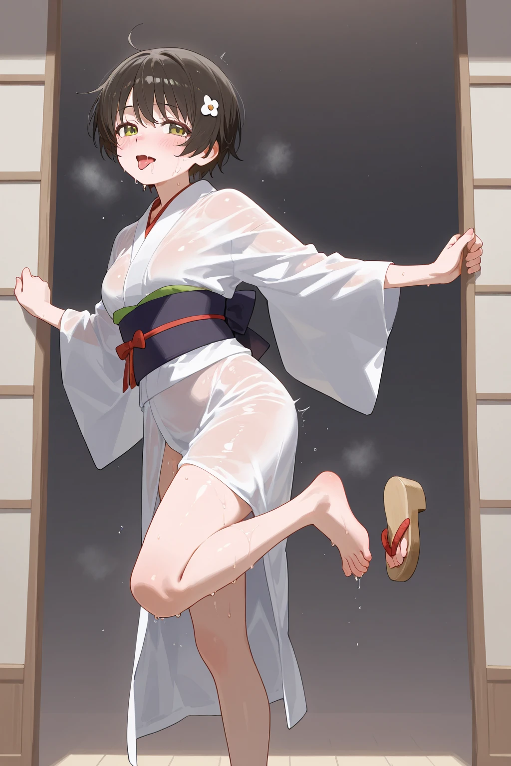 Japanese countryside kitchen,smile,Are standing,close your eyes,1. small ,short hair,Black Hair,blush,Completely naked,barefoot,White skin,From below,shy,Sweaty,Wet,peace sign,Grin,