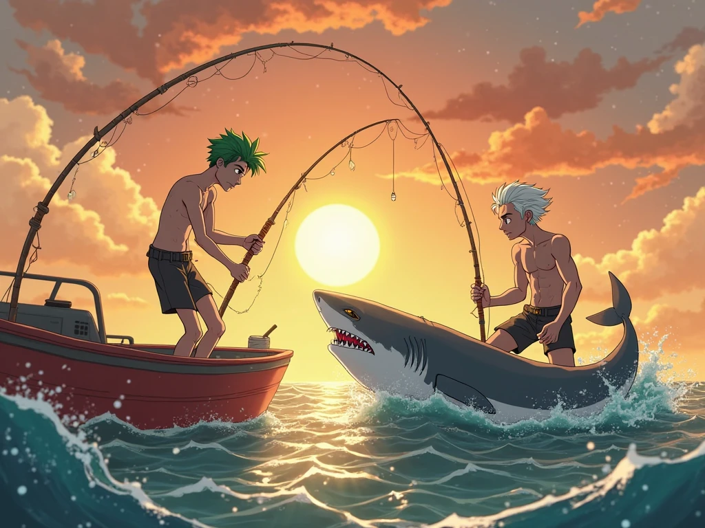 1 God fisherman with blonde curly hair and small muscles ,1 god fisherman with long black and red hair with huge muscles ,1 god fisherman with dark brown afro short curly hair small muscles ,catching hug fish with animated face strong jawline, comic type