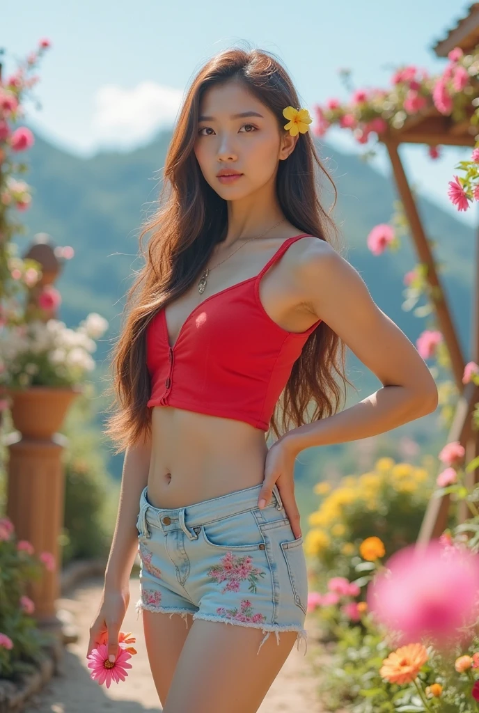 Rural station in Japan、One beautiful young woman in the Japan、Red bra top and short jeans、Steam locomotive D51 in the background is exhaling white smoke high in the sky、Burst Smoke、long hair of black color, longeyelashes, Solid Circle Eyes, Ears, lightsmile, surrealism, drop shadow, anaglyph, stereograms, Atmospheric perspective, Full body photo 8k image, Super Detail, ccurate, Best Quality