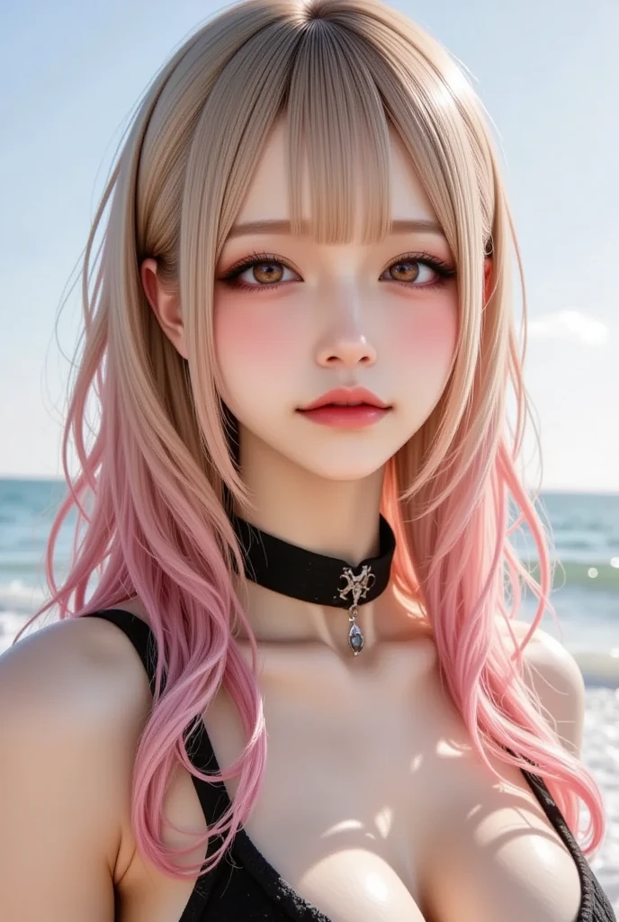 (Traditional Media:1.2), (2D:1.2), (Center:1.3), Illustration, (((Masterpiece))), (((16 year old girl))), from below, sitting on chair, blonde hair, highres, absurdres, dark background, no bra, photorealistic, lifelike, steamy, blushing, sleeveless, youthful appearance, (((embarrassed look))), pink lip gloss, (((armpits))), (((looking at viewer))), (((bare skin))), ((medium chest)), correct anatomy, perfect face, pink eyes, (((choker))), thighs, mascara, fair skin, (tomboy)