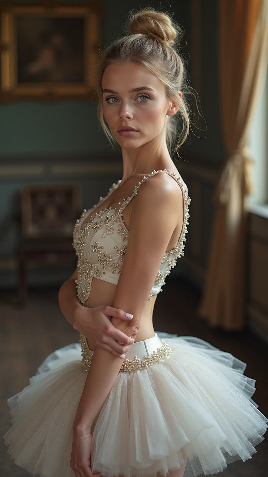 arafed woman in a tutu posing for a picture, soft pale golden skin, ballerina, inspired by Hendrick Terbrugghen, yelena belova, inspired by Roberto Ferri, blonde goddess, inspired by Cindy Sherman, in style of paolo roversi, by Etienne Delessert, portrait of a ballerina