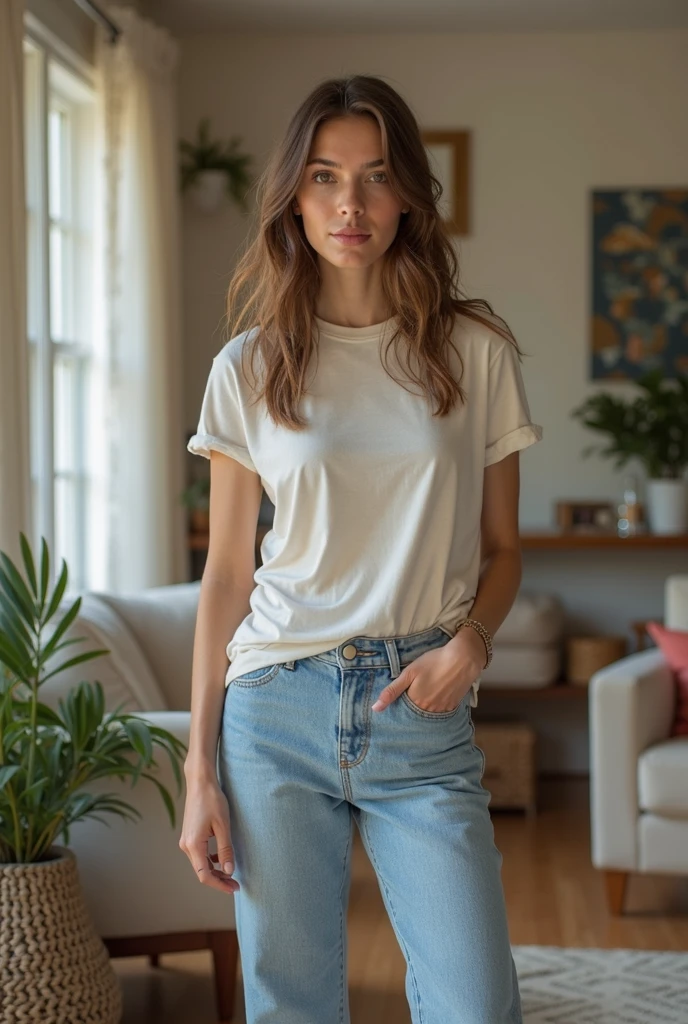 (best quality,4k,8k,highres,masterpiece:1.2),ultra-detailed,(realistic,photorealistic,photo-realistic:1.37),beautiful detailed eyes,beautiful detailed lips,extremely detailed eyes and face,long eyelashes,1girl,illustration,pale skin,vintage glasses,stylish T shirt,fashionable short denim pants,sleek black long hair,charming smile,vivid sun rays,indoor evening,allure,soft lighting,subtle shadows,vintage vibes,endearing beauty