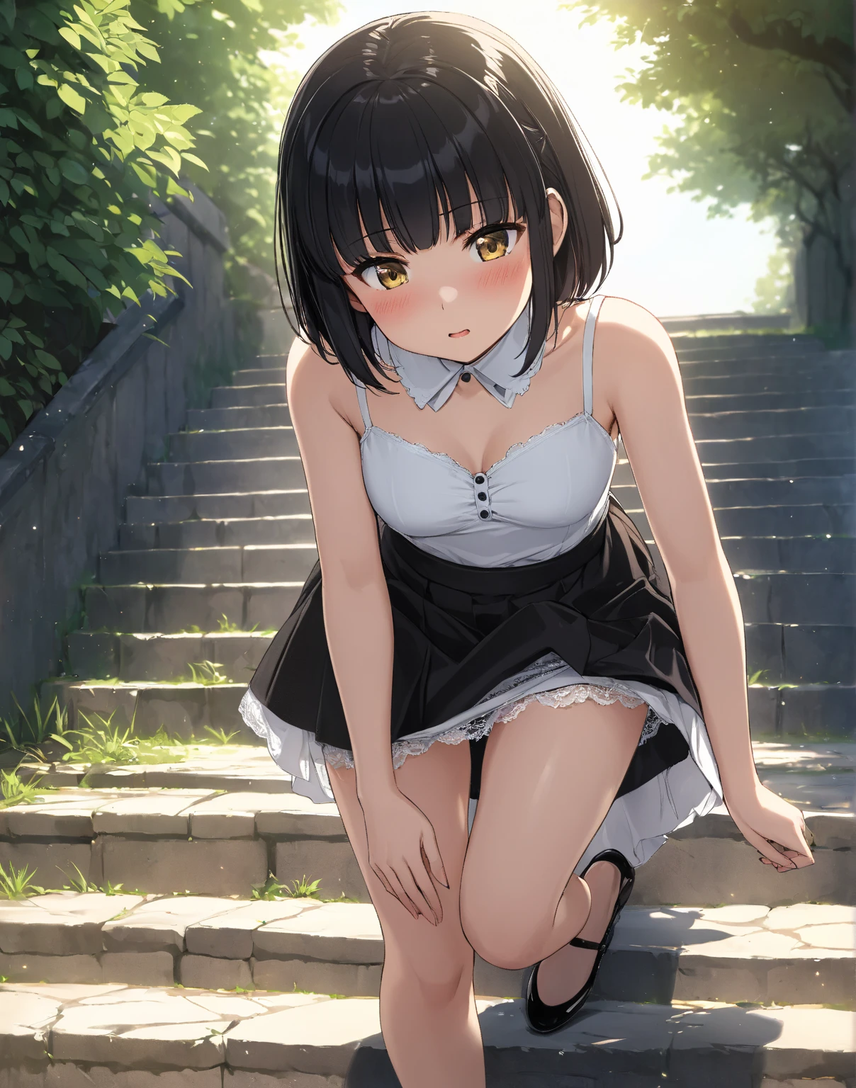 masterpiece, best quality, solo, (little girl), black hair, short hair, cowboy shot,
grin, squatting, black sundress, (dress lift), open clothes, (flat chest), nipples, pussy, playground,
