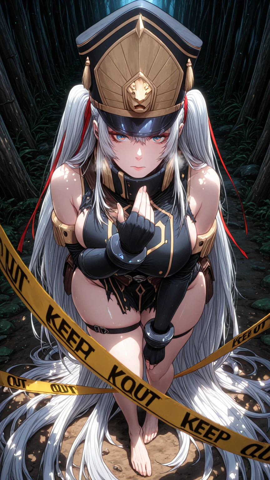 Manhwa, (anime coloring, anime screencap), shiny skin, (ivris-style:1.8), (j.k.-style:1.2), ((anatomical correct)), ((Cinematic, unreal engine, eye-catching, ambient occlusion, UHD, masterpiece)), ((perfect lighting, dappled sunlight, soft shadow)), perfect body, perfect eyes, perfect fingers, gasping, heavy breathing, gasping profusely, ((skindentation)), ((curvy)), white hair, absurdly long hair, shako cap, sidelocks, two side up, hair ribbon, multicolored eyes, square pupils, plump, 1girl, caution_tape, solo, looking_at_viewer, gloves, thigh_strap, fingerless_gloves, bare_shoulders, breasts, barefoot, elbow_gloves, keep_out, torn_clothes, black_gloves, sleeveless, standing, closed_mouth, fingernails, star_(symbol),