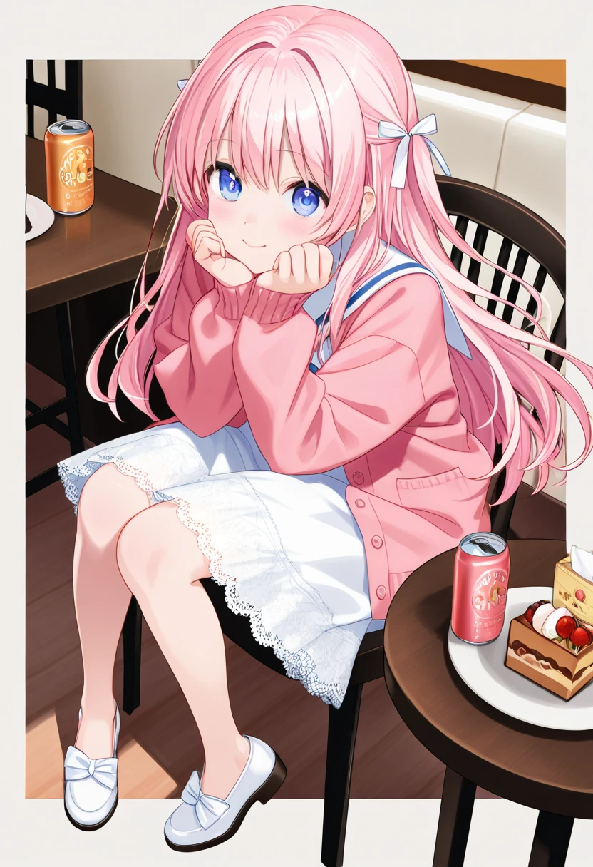 (can see white underpants)、wearing Japanese sailor uniforms。while sitting in an M shape at a fancy cafe、holding hands on her chin with both hands and waiting for sweets。what I chose for the first date、fluffy white lace dress、Thin sweet, girly outfit wearing a pink cardigan。The hem of the skirt stretches softly and、shoes with cute straps around your feet。 with her big eyes shining 、with slightly pink cheeks。on the background、has a warm cafe atmosphere {x} and the table is lined with tea and cute sweets。Super realistic textures、soft light、The atmosphere conveys the excitement of a date。
