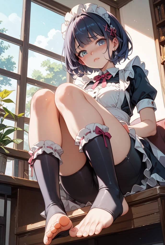 Tabletop, highest quality, Highest quality, Highest Resolution, Become familiar with, NSFW,expensive, 9 heads and bodies, Squat,Arm behind wrist, 1 girl, Ahegao, Cute eyes, black eye, Open your mouth, droop, The whole face turns red, alone, mansion, Crotchless , Medium bust, (Blunt bangs, Twin tails), White maid outfit、whole body、Looking up from below