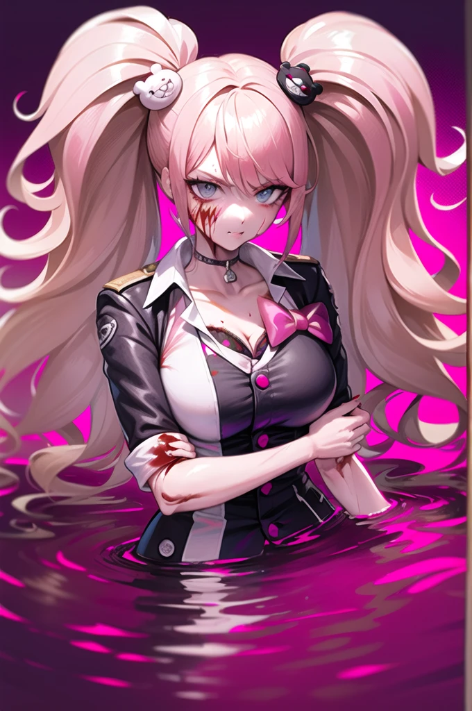 <lora:junko-enoshima-lora-3-10:1>, junko enoshima, blonde long hair, 1girl, twintails, solo, breasts, blue eyes, cleavage, collarbone, large breasts, bangs, blush, closed mouth, smirk, looking at viewer, upper body, bear hair ornament, nail polish, red nails, red bow, black shirt, underwear, choker, black bra, sleeves rolled up, white necktie, pleated plaid red skirt, school uniform, black cross-laced knee boots, shiny, shiny hair, botw style, (blood, bloody, bloody clothes, gore, hurt:1.5), (pink blood:2) <lora:botw_style_offset:1>