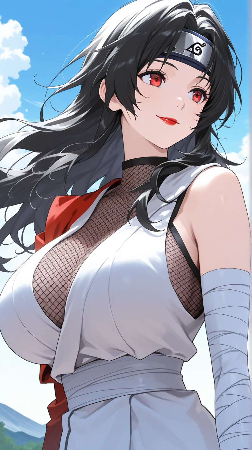 1girl, long brown hair, high ponytail, bangs, (white color theme clothing), red background, thighs, detailed face, looking at viewer, see-through tulle skirt, thong, see-through long sleeve turtleneck crop top, full breasts, cleavage, gigantic breasts,