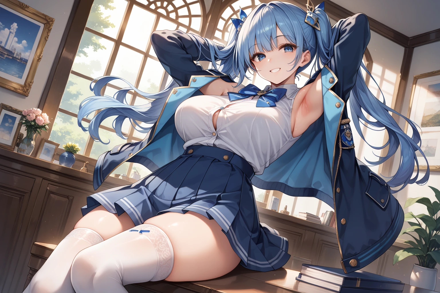 a beauty girl,cabellos largos dorados,(Blue pick dye),Classroom,(Remains Cliff)Gloomy atmosphere,Grey,Armageddon,Eschatological,Wasteland,a beauty girl,a sailor suit,hot girls,Pick dyeing,Crop topping,short skirt,White silk knee socks,Gold wire heels,Collar,(Super huge),(((Super huge breasts))),nabel,Metal leg ring,Thigh straps,(revealing her belly),(Flat lower abdomen),(Lower breast:1.8),