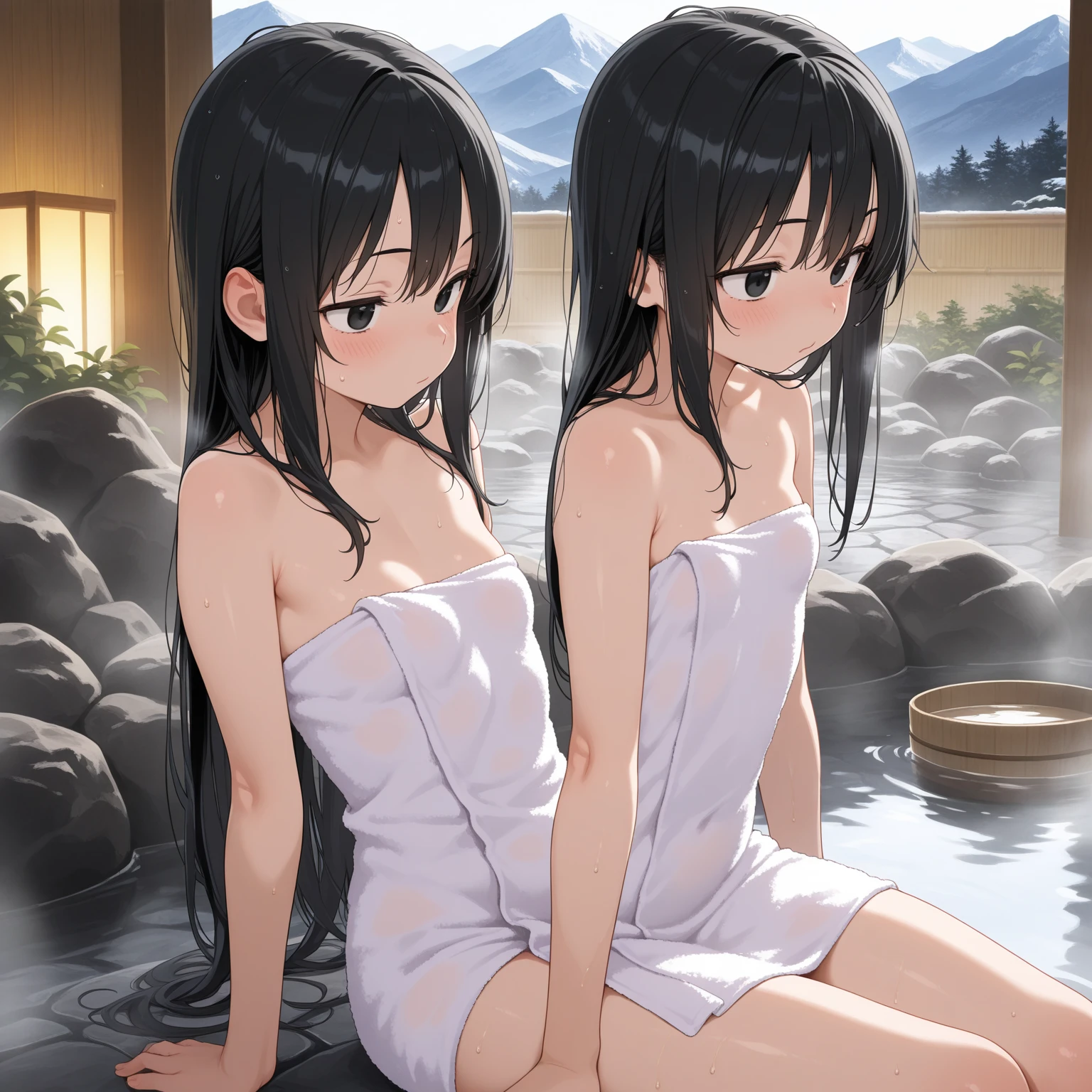(masterpiece), best quality, (16k), expressive eyes, perfect face, nsfw, office lady, 3 girls, large breast, navel, ((topless)), (((wet cobalt blue solid pencil mini skirt))), bare arms, bare legs, smile, shiny skin, wet body, BREAK, black hair, wet hair, straight middle hair, brown eyes, BREAK, summer sky, outdoors, misty in the onsen forest, wading, walking, smile, (upper body), (from behind),