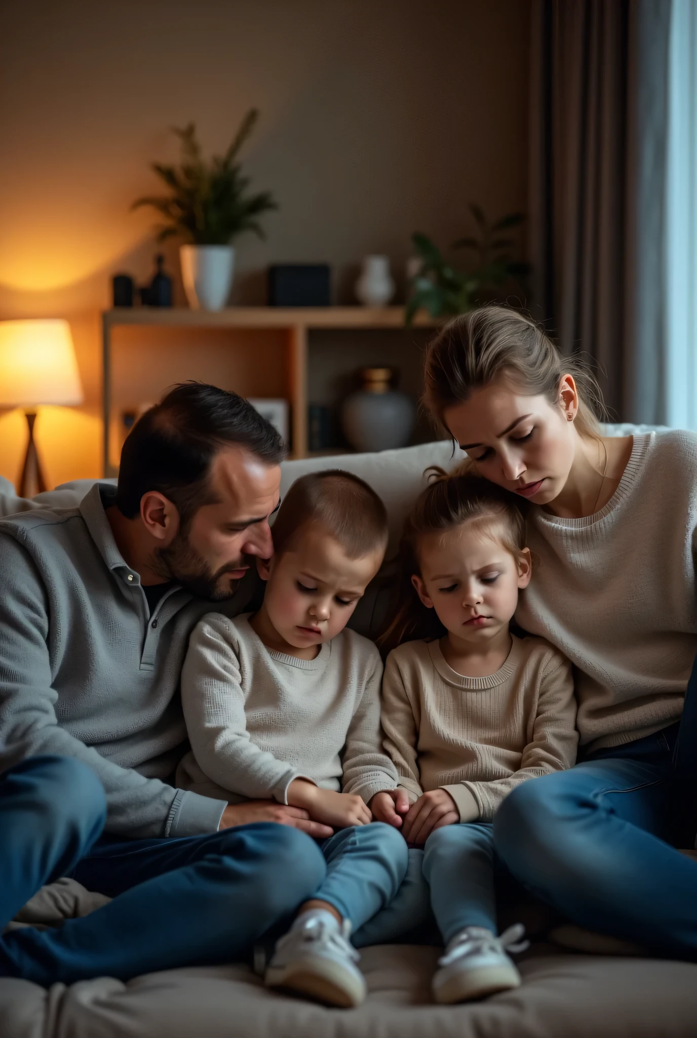 Fais une photo d'un homme de 42 ans jeune technicien qui est pauvre avec sa femme et ces  2 enfants triste européen métisse qui chamaille devant leur enfant 