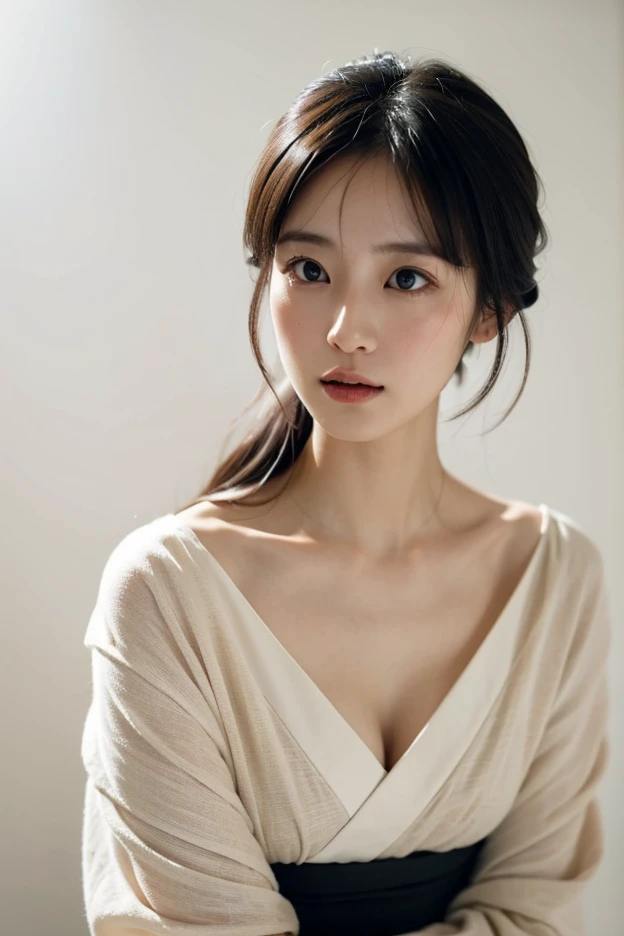 Highest quality、masterpiece、Ultra-high resolution、(Realism:1.4)、1 girl、In a pale background、Deep Shadow、Low Key、Shortcuts、Upper Body、sex appeal、Wearing a shirt