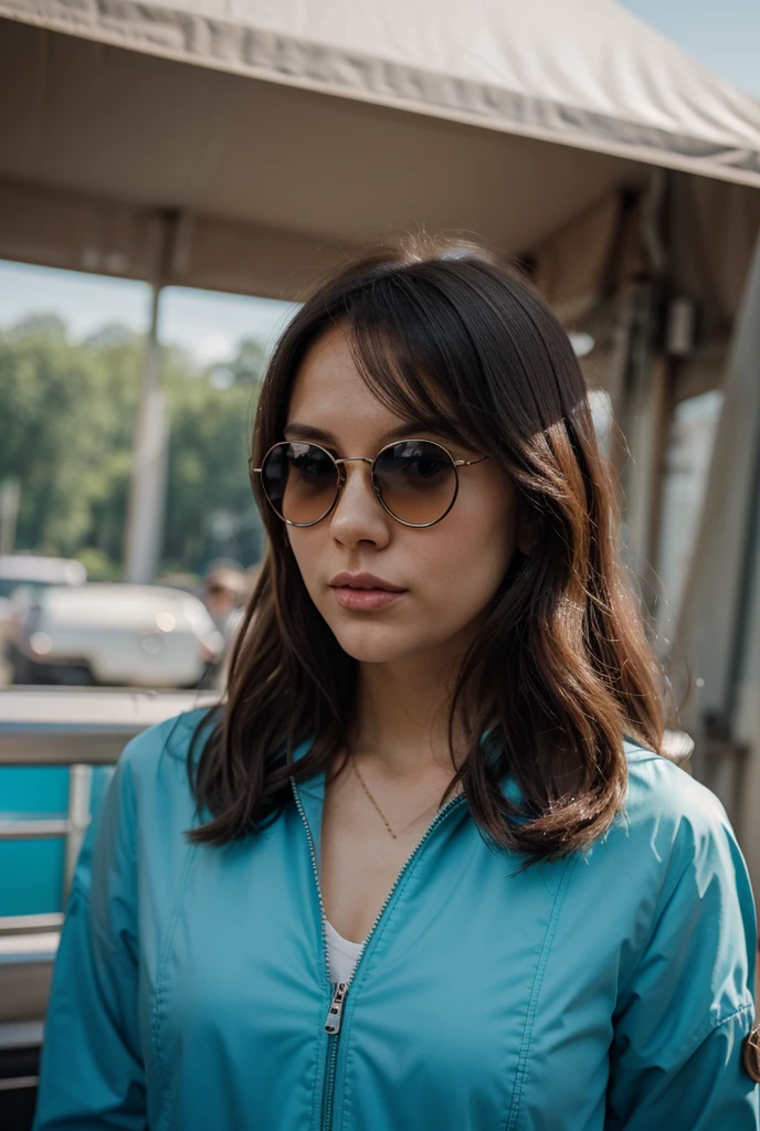((best qualityer)), ((work of art)), (detailded), 1 girl, DRIVING AN SUV, DRIVING CAR, INTERNAL PART OF THE CAR, SUNGLASSES and COLLAR T-shirt, white dress shirt, Portrait of a BRAZILIAN woman, sexy looking with long hair, HAIR TRAPPED, hazel eyes, with fluttering covers, perfect composition, hyper realist, Super detailded, 8K, high qualiy, trending art, trends on artstation, sharp focus, studio photo, details Intricate, altamente detailded, art by greg rutkowski, without jewelry, sketch, SIDE camera, LOOKING AT THE TRAFFIC, people on the street, carriages, alone outside