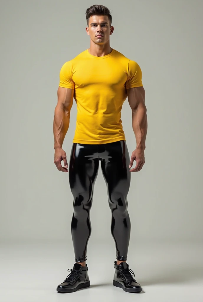 Muscular Dragon, spreading legs, looking at crotch, clenched teeth, yellow spandex pants, sweaty, squatting, hands on crotch, covering groin, grabbing crotch.