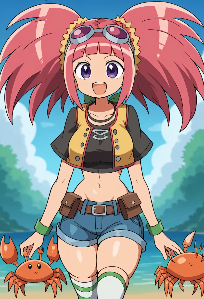 _\(one_piece\), 1girl, solo, de pie, (pechos grandes), rubio cenizo, (pink bow), (rosa overall_shorts), (blanco bikini_top), escote, avergonzado, sonrisa, blue_eyes, shiny_skin, cowboy_shot, playa, skindentation, arms_behind_back, (Blue hair ribbon with bow),