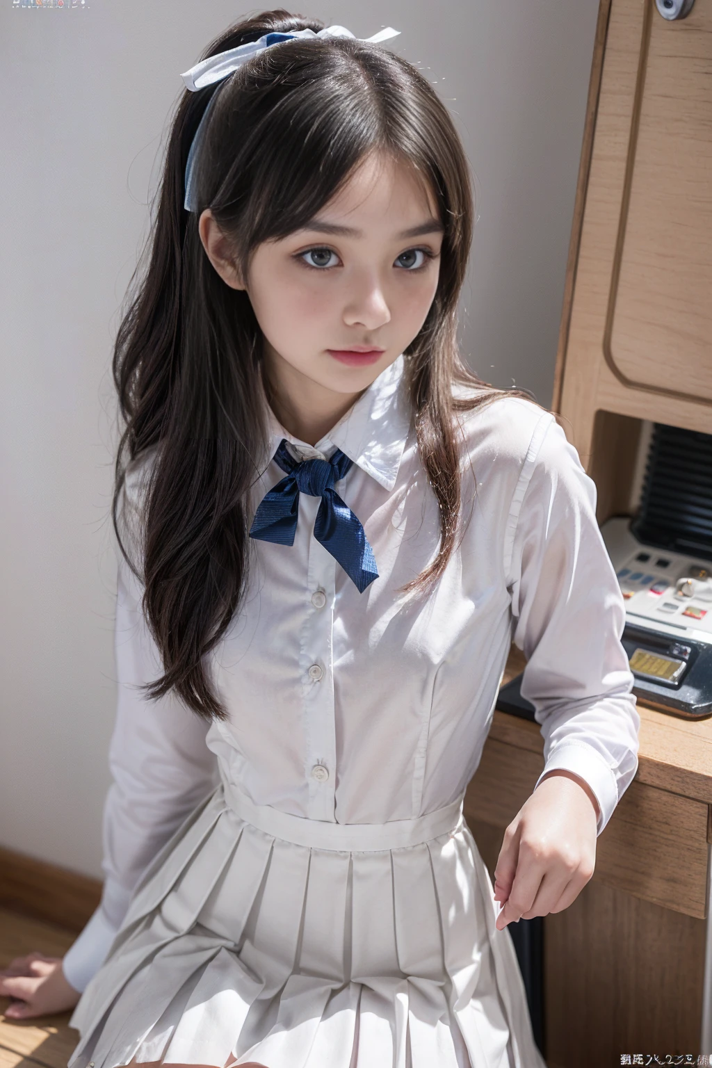 masterpiece,highest quality,High resolution,Very detailed, ((Browsing Caution))、(((Open the front of the shirt wide)))、Showing cleavage、Small breasts、((Small breasts))、I can see your thighs、Short skirt、(A cute 15 year old girl wearing a uniform sitting at a desk、Japanese、Japanese、Japanese girls uniform、Surreal、(Cute hairstyles))、Beautiful anime school girl、Cute school girl、学校のをwear、リアルなYoung Gravure Idol、wear、Young and beautiful gravure idol、Surreal 、Young Gravure Idol