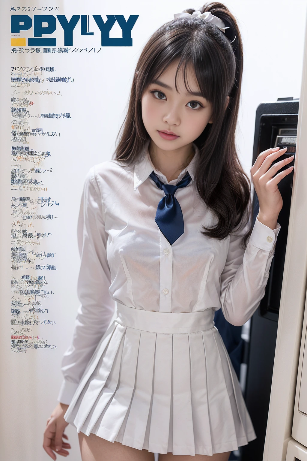 underdressing， Photo of a 20-year-old woman， adolable， pantiess， （（Kpop idol））， （（lace panty，Panty shots，White panties visible））， （（Sitting in the gym，Sit on the grass with both hands，A-shaped legs））， a skirt， 校服， sockes， brunette color hair， The shirt， bblurry， vague background， kneehigh， white  shirt， Loafer shoes， cparted lips， with brown eye， black sock， neck bowtie， pleatedskirt， head rest， Shoot from below the front， exteriors， brownfootwear， tmasterpiece， top-quality， hyper-detailing，Look from the bottom up，The lens is from the bottom up