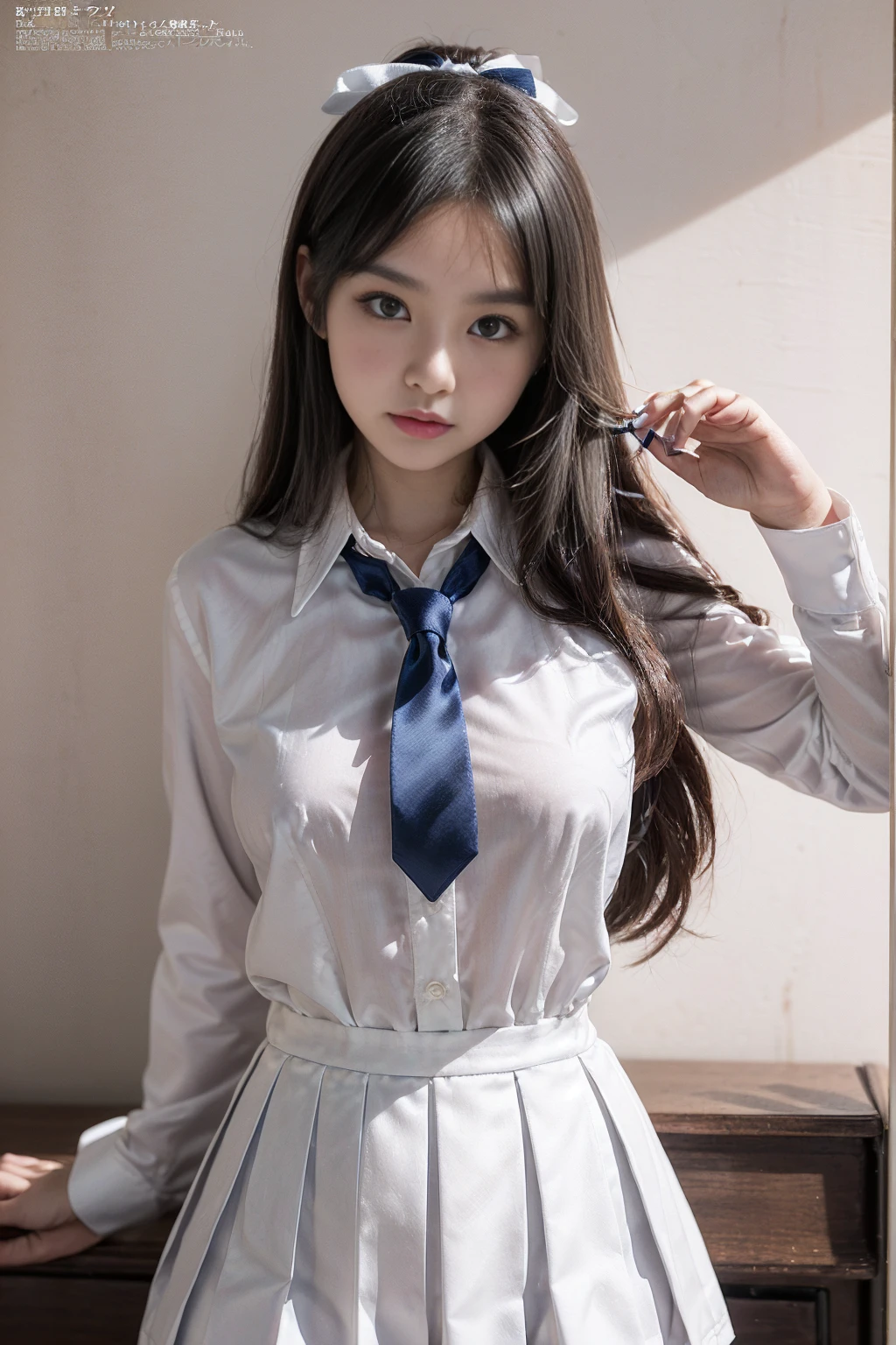 Masterpiece, top quality, official art, highly detailed CG Unity 8K wallpaper, like a schoolgirl, very delicate and beautiful, ultra high resolution, (photorealistic: 1.4), golden hour lighting, (upper body), (platinum shorthair: 0.8), (puffy eyes), looking at the viewer, facing the front, smiling, JK skirt, white dress, Shirt Lift Long Black Hair
