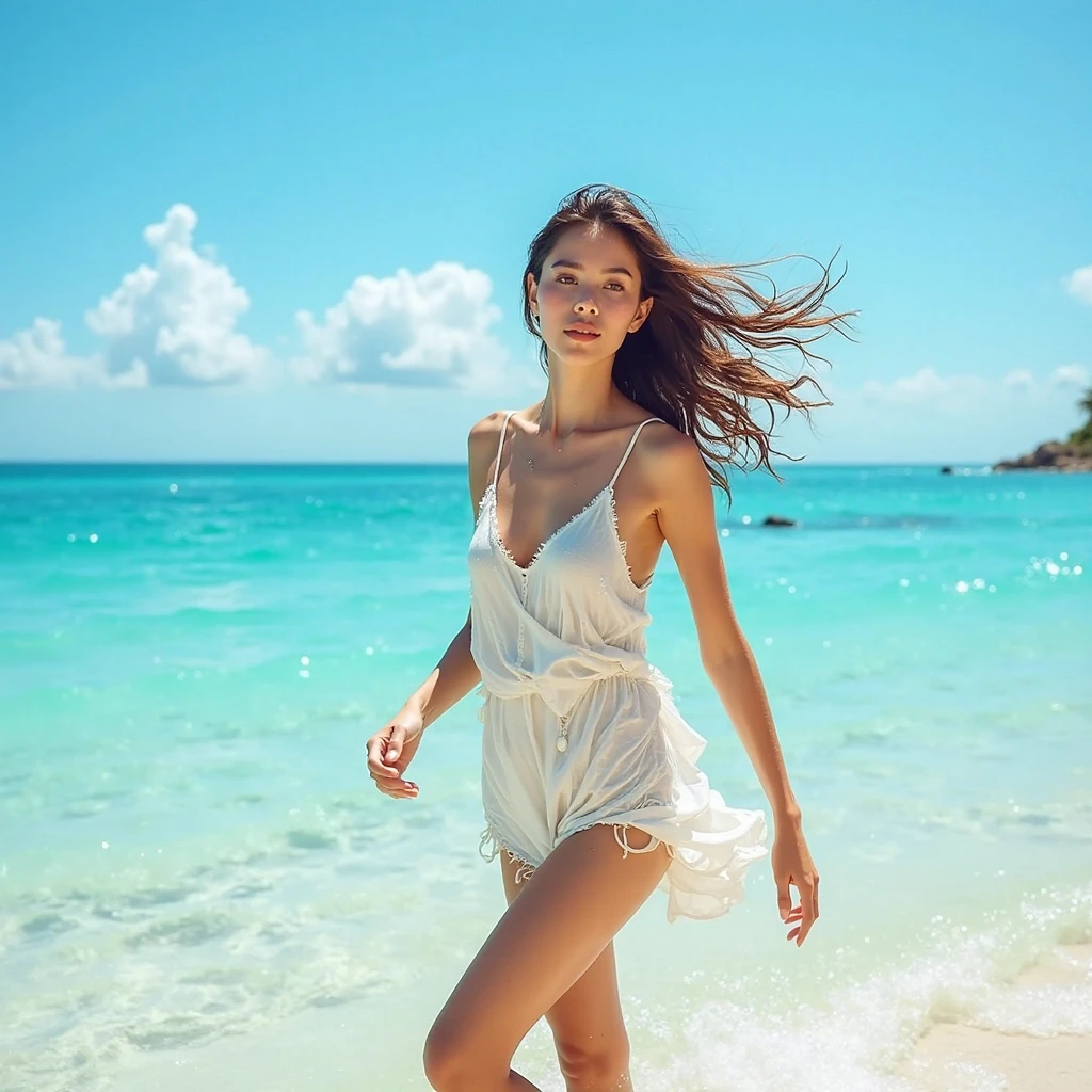 A girl walks on the beach,Behind her her boyfriend