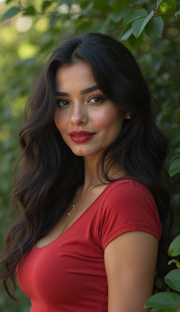 Imagem em 8k ou superior de uma linda Espanhola morena cabelos pretos cacheados de corpo inteiro fotografada por uma cannon 50mm.rosto angelical,sorriso caliente com lindo batom vermelho.cinematiclight,vestido colado vermelho sexy,valorizando seus seios grandes.(Sol,ao fundo uma rual de Sevilha hiperdetalhada)