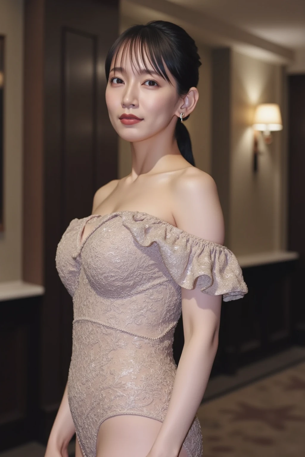 ((Highest quality, 8K, Ultra-high resolution)), ((masterpiece: 1.3)), (Perfect appearance), (Photorealism: 1.6), (1人のJapanese Mature), (60 years old, Japanese Mature), (A Japanese woman standing on a balcony looking at the night view: 1.6), (Woman profile: 1.4), (profile: 1.4), (Late Night: 1.2), ((Woman standing at the edge of the screen: 1.6)), (Stand with your elbows on the railing: 1.2), ((Realistic skin texture)), (Fine wrinkles appear all over the skin, Dullness, Unmoisturized skin, Wrinkles around the eyes, double eyelid, Lower eyelid tear sulcus, Crying Mole, Dimples), Slightly parted lips, (Short bangs), (Party Hair Set: 1.2), (A dress with a loose draped neckline), (deep neckline dress: 1.4), (A dress with a loose fit: 1.4), (long dress in white silk: 1.6), (Bust-up portrait: 1.4),