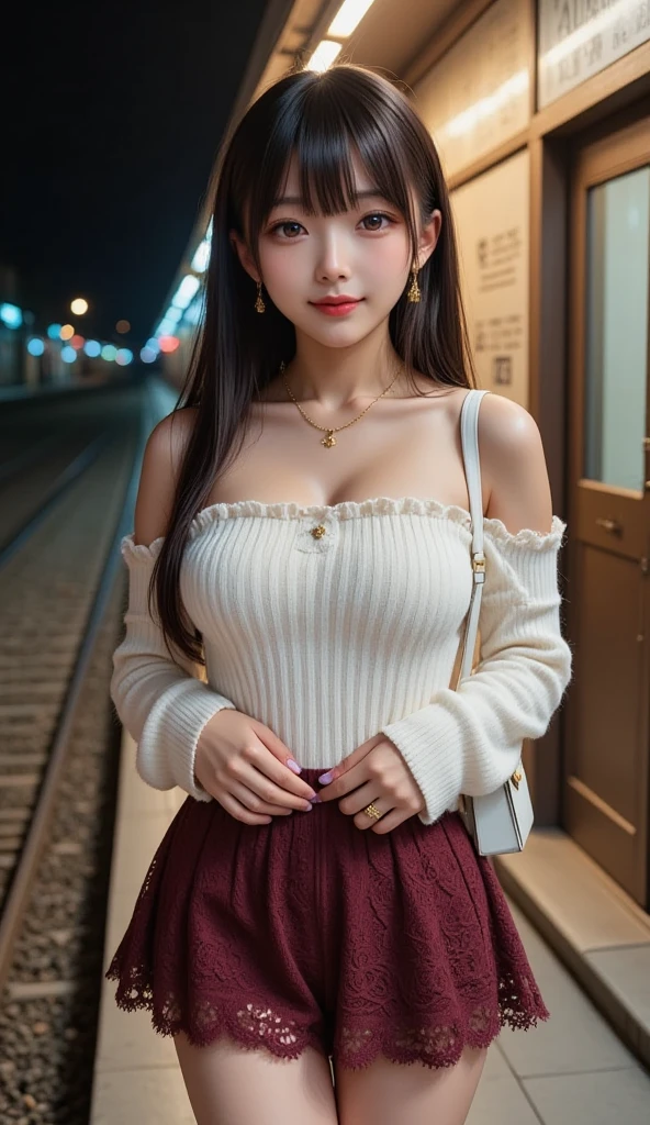 One Girl、(Watching Watching the viewers)、(Bokeh Depth of Field:1.1)、Part your lips、A sparkling smile、Realistic、tights、Skirt flip、Skyline、Red lace panty shot、Exposed crotch、Realistic、Upskirt、Skirt lift:1.3、Top quality panty shotasterpiece:1.3、Ultra-high resolution、View from below:1.4、Panties close up:1.3、Embarrassed look、The background is a night view、Stand with your feet apart:1.3