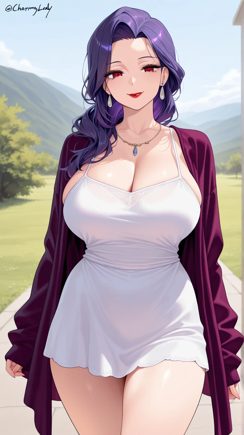 1girl, mature female, milf, garden, narrowed eyes, looking at viewer, hand on cheek, hair flower, blush, smile, parted lips, purple hair, jewelry, eyeshadow, purple nails, sundress, cowboy shot, long hair