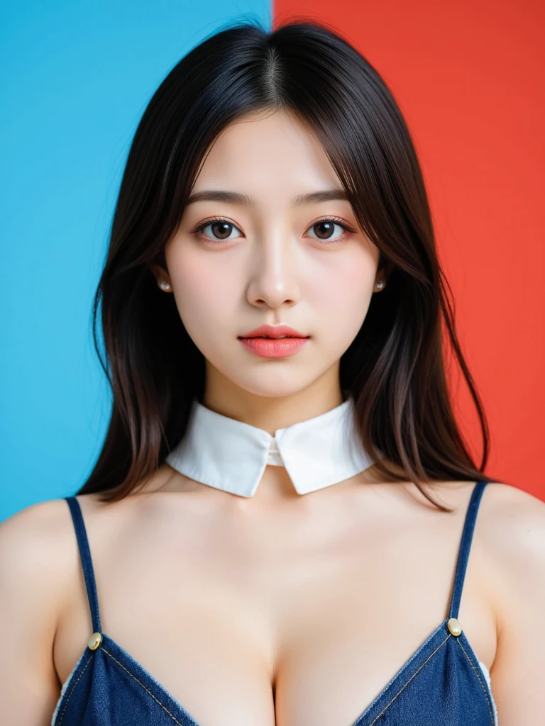 best quality, masterpiece, photorealistic, high, seductive face, black and red shoulder-length hair, wearing a deep-necked, short-sleeved shirt, left finger touching mouth.