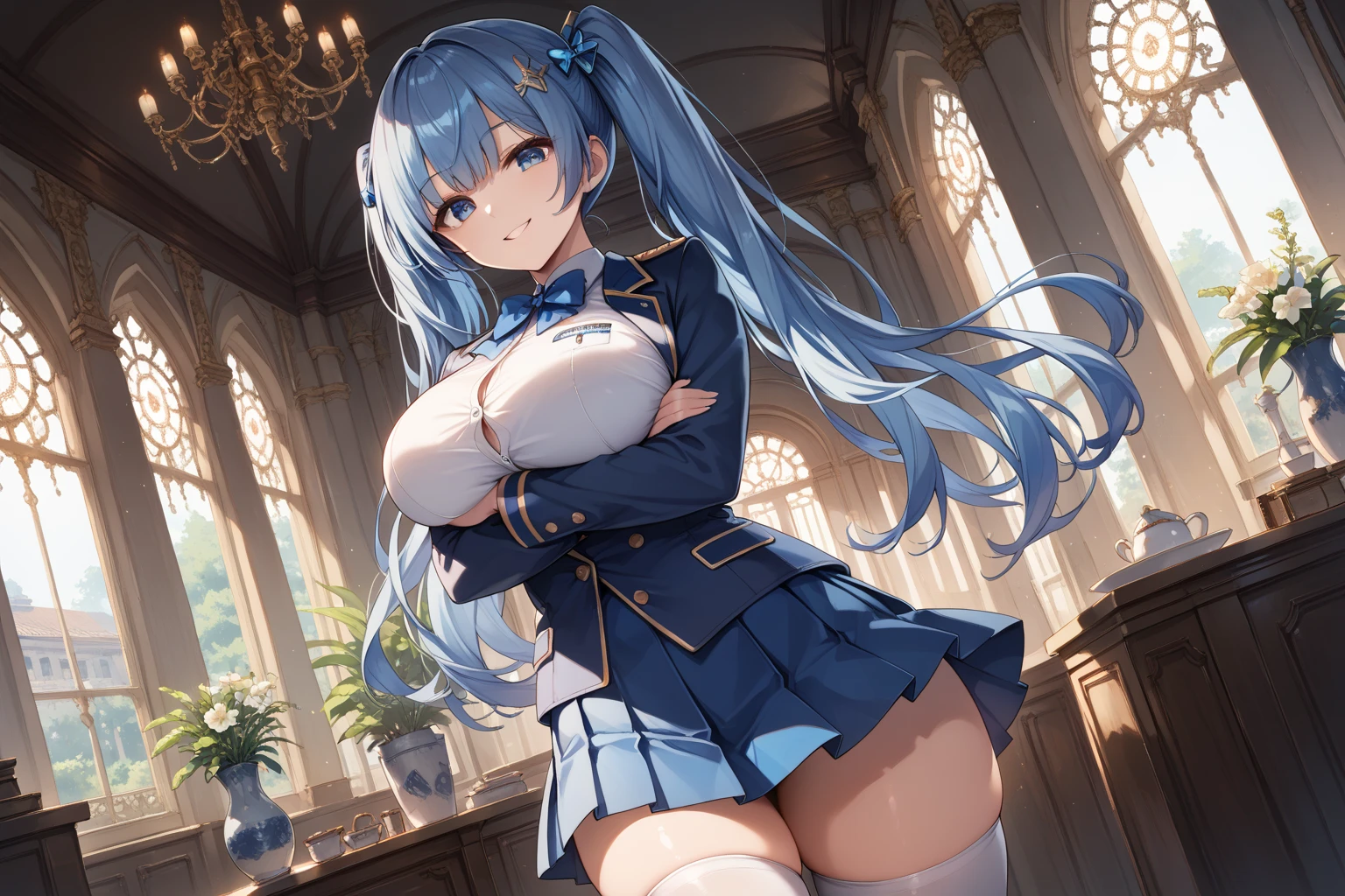 1girl, bangs, blue hair, blush, breasts, smug,eyebrows visible through hair, hair between eyes, huge breasts, looking at viewer, castle background,lens flare,sunbeams,(short sleeves),solo, thighhighs,walking,crossed knees,ass focus,(highleg),barehanded, (five fingers)