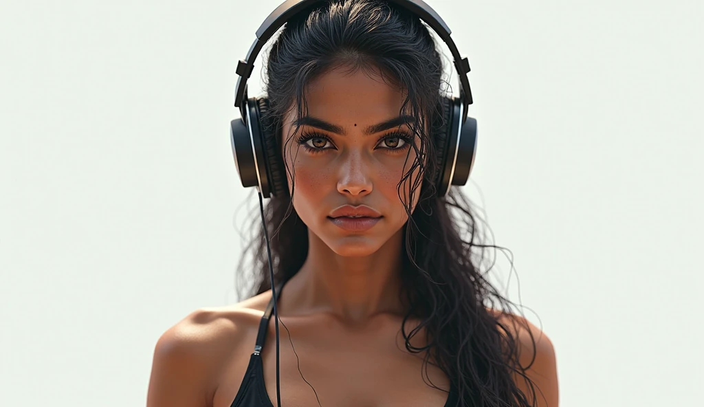 Bright sunny day scene, full body of SEXIEST 45YO MILF AISHWARYA RAI, army commando lady, sweat on body, headphone on sweaty cleavage, MEDIUM breasts, mature milf thick curvy figure, posing in desert, black pants and boots and crop top, wet hair, seductive face, look at camera and winking, black ponytail hair, erotic adult face, 45yo, soft volumetric lights, (backlit:1.3), intricate details, (ArtStation:1.2)