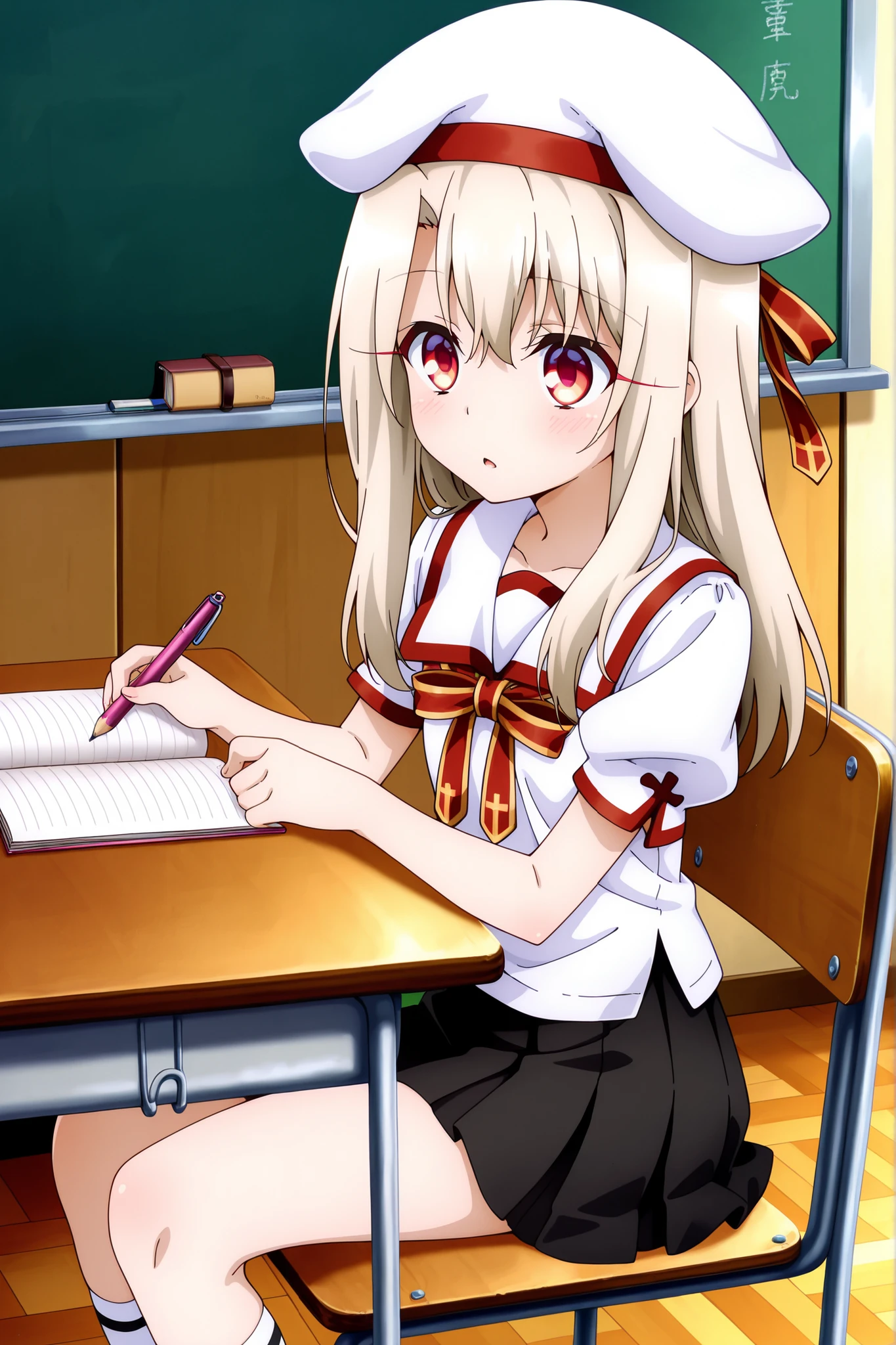 masterpiece, best quality, amazing quality, absurdres, highres,(anime screencap:1.4),solo, 1girl,illyasviel_von_einzbern , red eyes, long hair,homurahara academy school uniform, white shirt, short sleeves, red ribbon, pleated skirt, white beret,classroom ,sitting on chair,school desk,across table,notebook, book,pencil