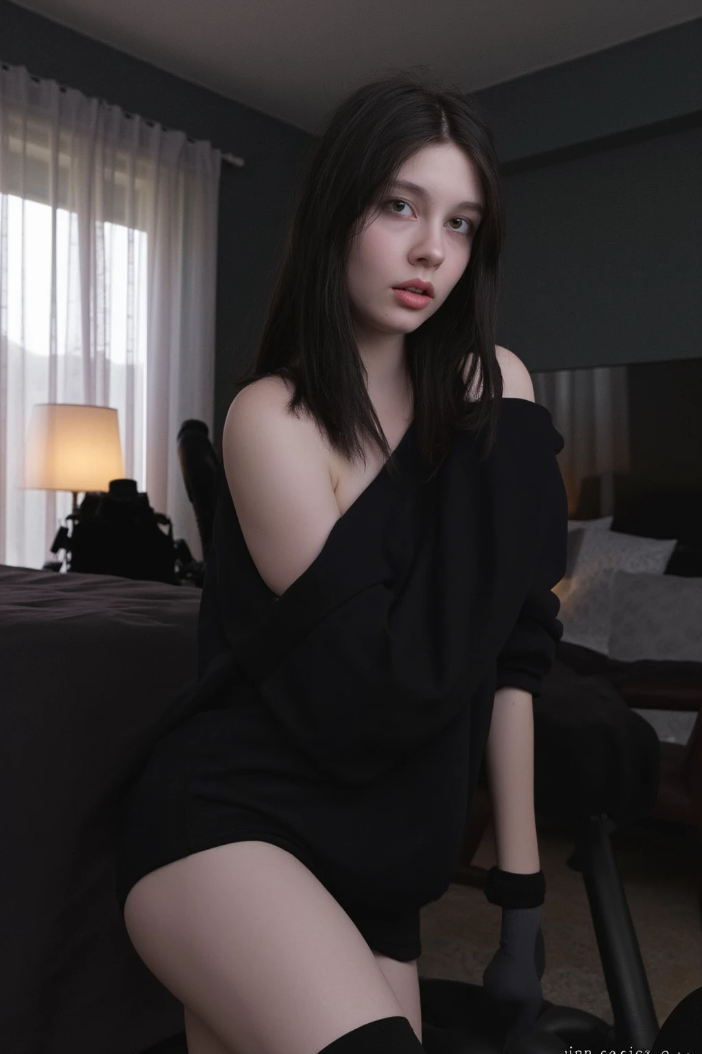 1 girl, pale skin, black and red medium hair , black shirt, black stockings, black necklace, dark blue eyes.