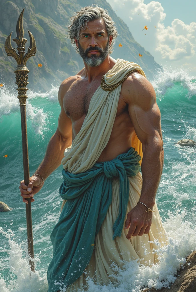 um close up de um homem, estilo zeus com sua ira, cabelo solto voando com o vento, contato visual, com barba curta, com musculos, classical realism, macho, wise, alfa, Dark background in ancient greece, com raios e tempestade