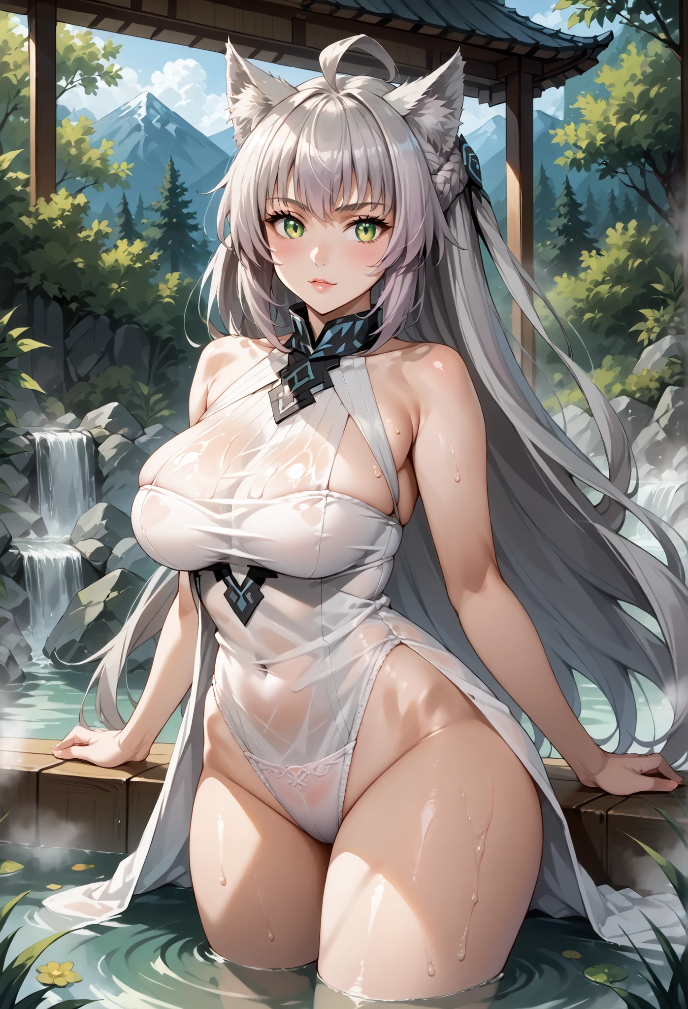 1girls, arms behind back, rain, seductive, (4K,realistic,highres,absurdres,masterpiece:1.2),((cinematic lumination)),deep depth of field,charming face,bloom,white dress,(covered pointy nipples:1.4),big sagging breasts,(smiling:0.6),young female, looking at the viewer, white skin, ((slim, skinny)), ((wet skin, sweat)), high heels, detailed red eyes