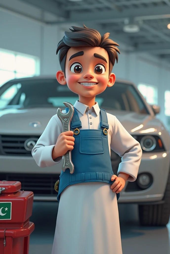 a 2 boy with light brown skin, short curly hair, cut with machine in a disguised, wearing a short-sleeved gray blouse and on the right side of the blouse the name martinuzzo in very small yellow, black pants and black boots,He has no beard and his smile shows his gums. He is a mechanic and is holding a car hubcap next to a mechanic's ramp.