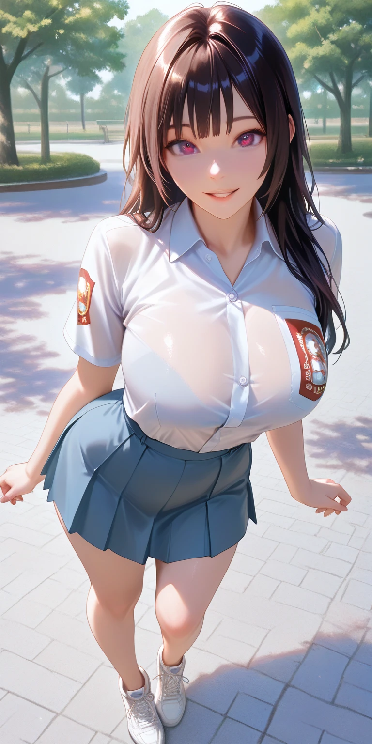 The woman, kneeling on the street (full body visible)), far from the viewer.
She's beautiful, Cute, Charming, pretty, Mature Japanese.
She's with wide hips, Miniature, (plump breasts), (Hanging), (Huge floppy breasts with big areolas and plump nipples).
She was sweating, Wet, промокла. clothes transparent, pot on the skin, wet hair.
She is grinning, Smiling. She looks natural, Naturally, Unpretentious.
A cunning face. Make funny faces. (Sticking out your tongue), Telling the Mystery, Hiding the mystery, coy, agitated. 
She stares intently, looking a viewer.
She has a black ponytail.
She wears a school uniform, a rolled-up white shirt with a blue collar, blue shorts, dressed in two layers. 
shirt lift, . ((( She pulls up her shirt, showing off her huge bare breasts underneath.
Camera focused on her face, Light on the face, very large aperture ((f/1.2)), Shallow depth of field, Strong background blur, ISO 3000, automatic white balance, 
Extremely detailed, Professional lighting, soft light, Raw photo, Fashionable model for Uniqlo,
beste-Qualit, tmasterpiece, award-winning photo, huge filesize, 8k, hight resolution,
shot on a Sony DSLR.