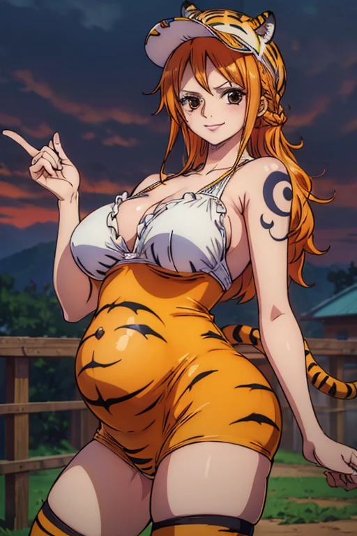 Nami,One piece,slicked high Top knot bun hairstyle,Big breast,vertical earring,((Thin orange leopard print tight short sleeve shirt with cleavage)),open navel,Lowrise blue jeans ,diamond Wedding ring,Orange hair,short pixie hair,Absalom wife,Necklace,Hoop bracelet,Long nail,Wide hips,gaze in viewer,Fullbody view,Solo,half eyes expression,Spouty lips,Mature,needy gesture,glossy light Tanned skin,light blush,soft expression,Skindentation,Mature,Lipstic,eyeshadow,1hand in hip,Full slicked bang